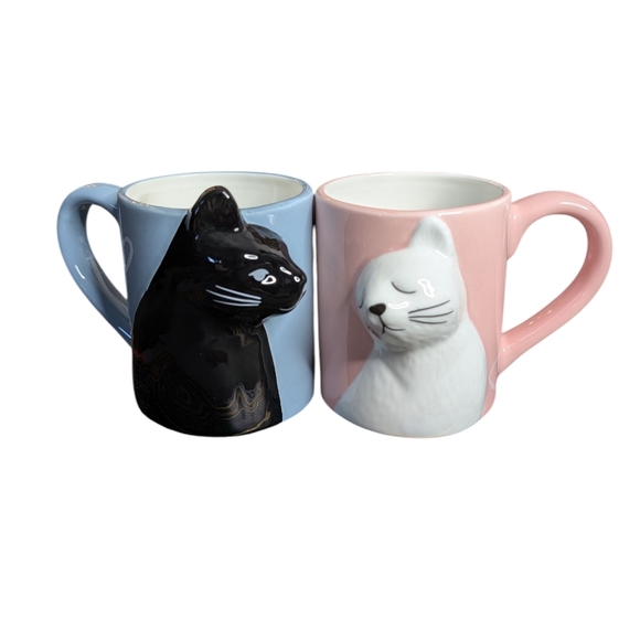 Cat Couple Set of Two Coffee Mugs Kissing Cats Pink and Blue Ceramic Mugs - Picture 2 of 16